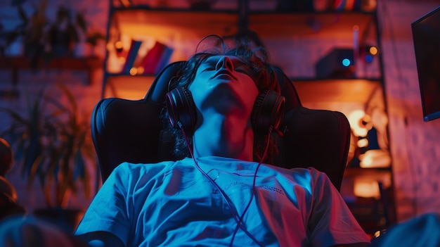 Photo young man relaxing in a gaming chair with headphones on lit with blue and red lights