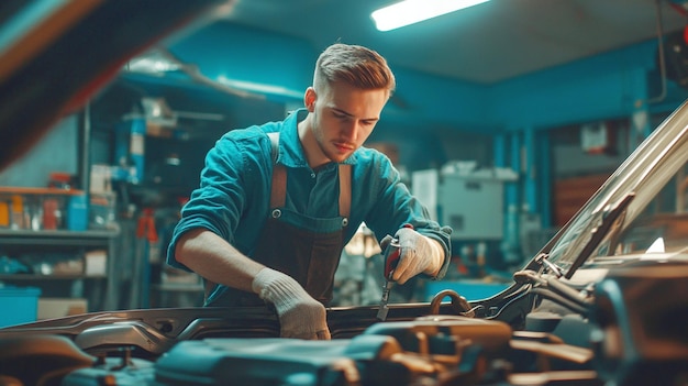 Young man repair car mechanic in workshop