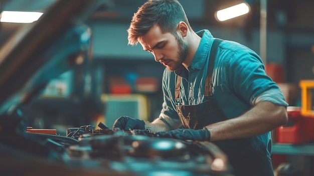 Photo young man repair car mechanic in workshop