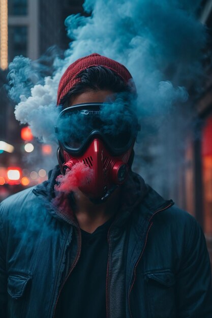 Young man in respirator mask hold smoke bombs in raised hands protest revolution concept