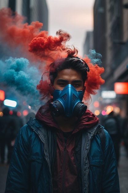 Young man in respirator mask hold smoke bombs in raised hands protest revolution concept