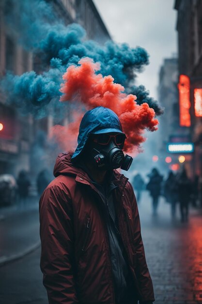 Young man in respirator mask hold smoke bombs in raised hands protest revolution concept