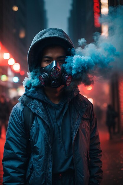 Young man in respirator mask hold smoke bombs in raised hands protest revolution concept