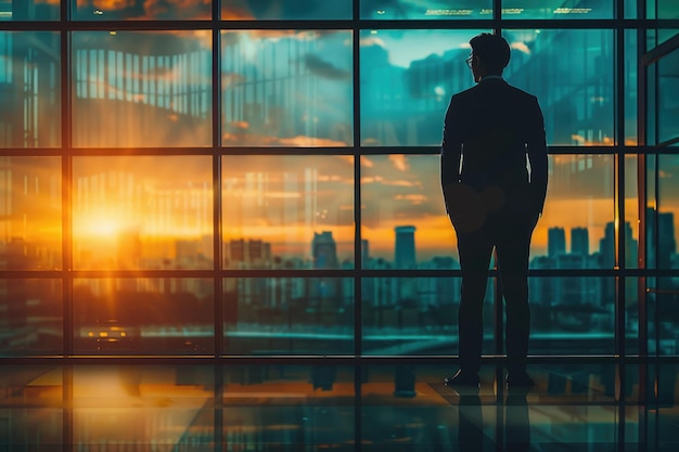 Photo young man resting after business meeting by office window