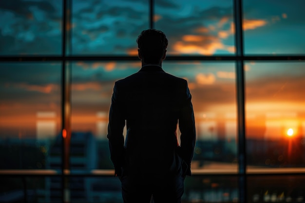 Photo young man resting after business meeting by office window