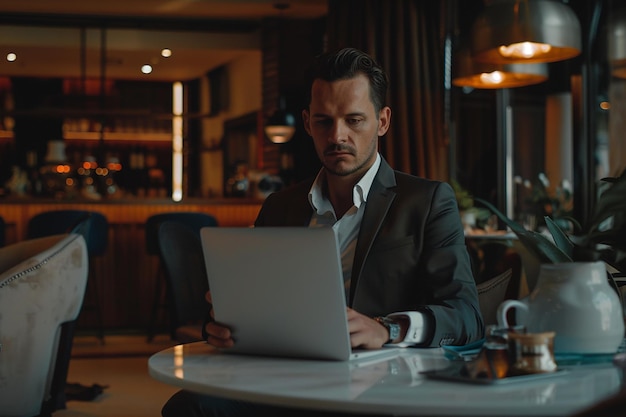 Young man resting at cafe and browsing internet using laptop computer