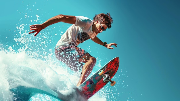 A young man rides a surfboard on a wave showing off his skills