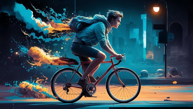 young man riding a bicycle with a colorful energy digital art style illustration painting