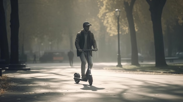 Young man riding an electric scooter in the park at sunsetgenerative ai