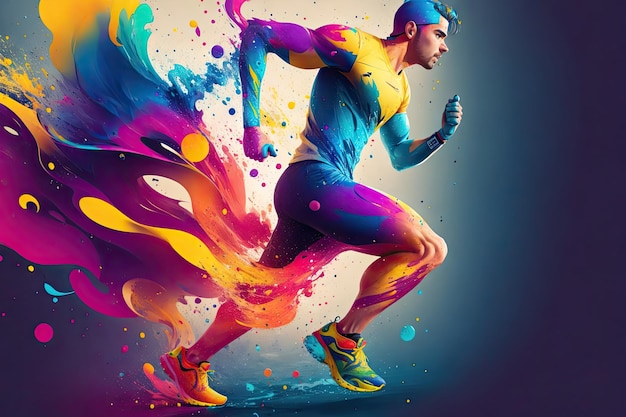 Young man runner running abstract colorfull splash ink design background ai generative