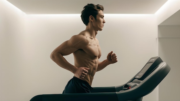 A young man running on a home treadmill focused and determined Ideal for fitness promotions