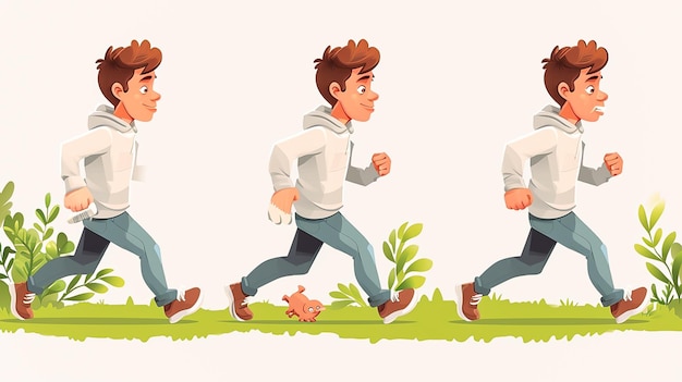 Photo a young man running in three different frames cartoon style