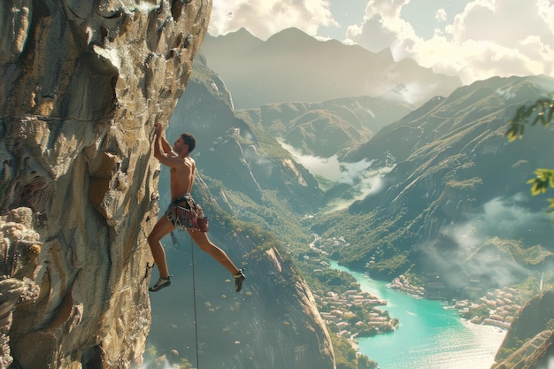 Photo young man scaling cliff with determination and focus