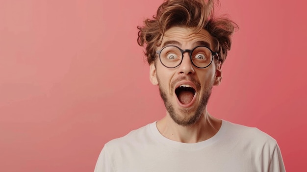 Photo young man showing amazement standing against a solid studio background