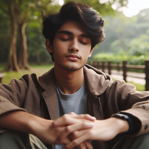 a young man sits on a bench with his eyes closed