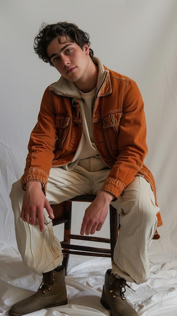 Photo a young man sits on a chair with a jacket that says  he is wearing a jacket