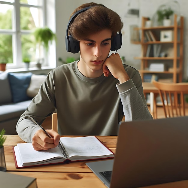 a young man sits at a table with headphones on his head