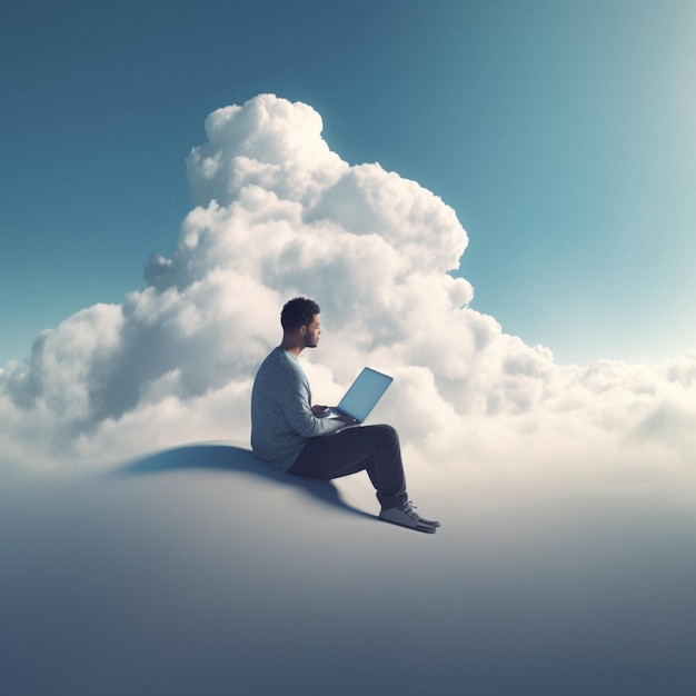 Young man sitting on chair and using tablet computer with cloud on the backgroundGenerative AI