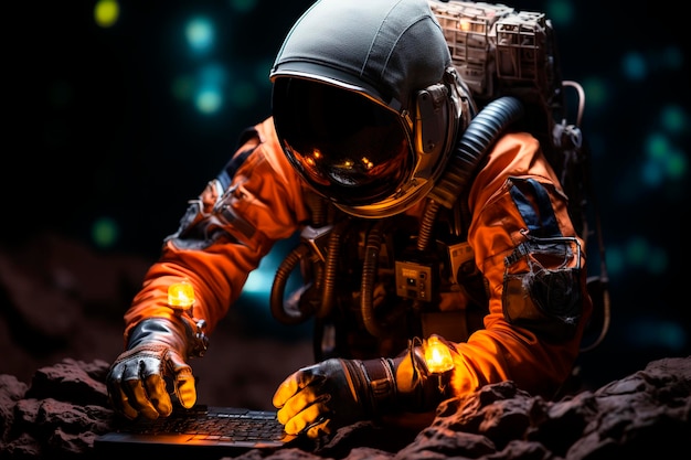 Young man sitting at the computer with fire in the background