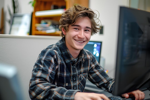 A young man sitting at a desk in front of a computer