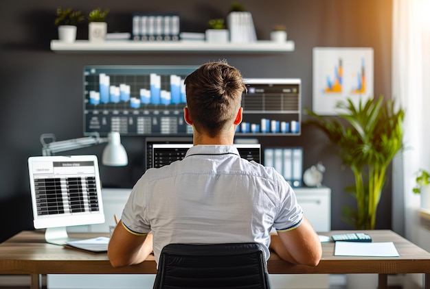 Young man sitting at the desk and working with computer in office