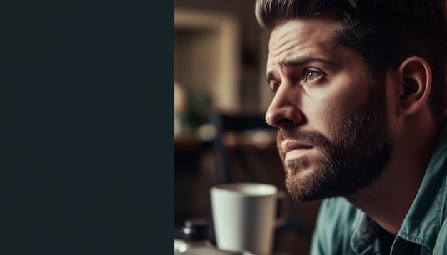 A young man sitting indoors drinking coffee looking confident generated by artificial intelligence