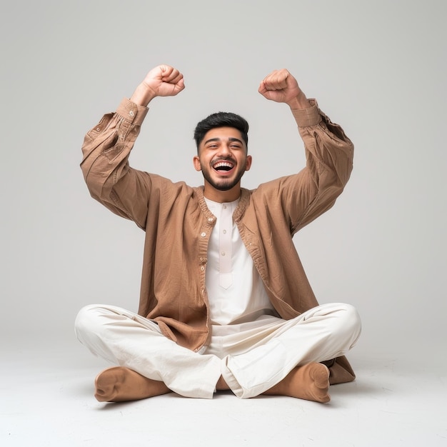 Young Man Sitting With Arms Raised In Celebration