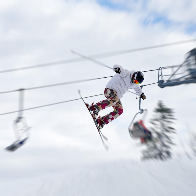 Young man on skis jumping in the air at ski resort