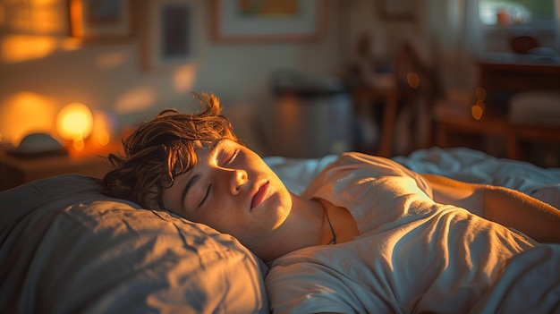 Photo young man sleeping on the bed at home in the early morning