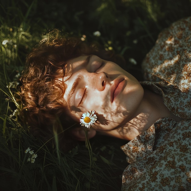 Photo young man sleeping in a field of daisies with a flower on his face