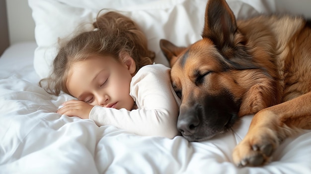 young man sleeping peacefully with his big dog in a white bed