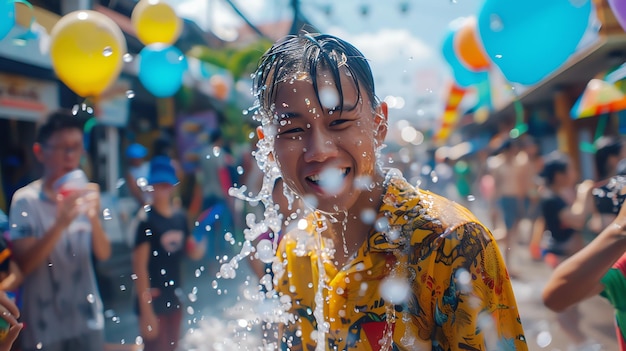 Photo a young man smiles as he gets drenched with water during a festival