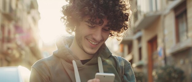 A young man smiles while engaging with his smartphone on a sunny urban street