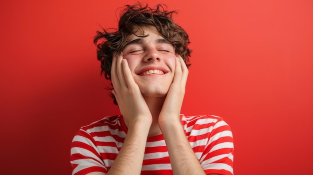 Young Man Smiling Blissfully Against Red