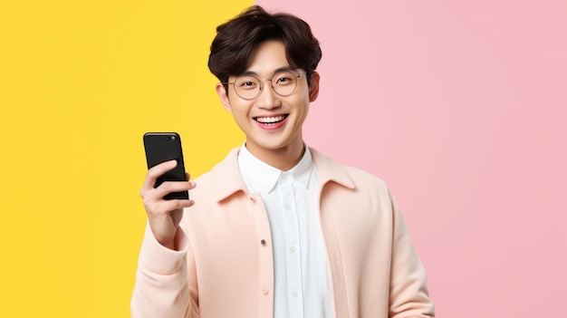 Young man smiling and holding his smartphone on a colored background