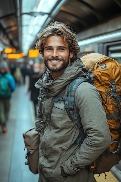 Photo young man smiling at a subway station ready for an adventure with a backpack