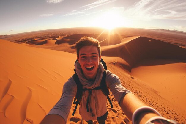 Young man solo traveler taking selfie at erg chebbi desert dune near merzouga in morocco