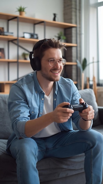 Photo young man spending time at home sitting on a couch in stylish loft apartment and playing arcade sh