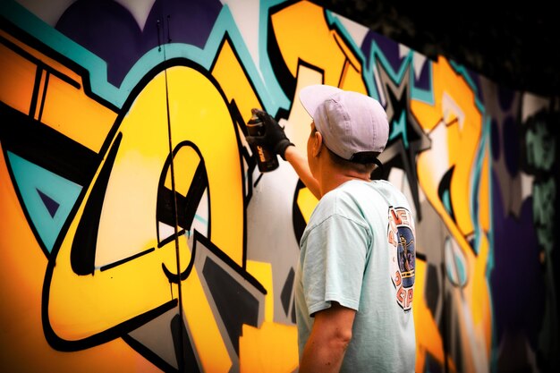 Photo young man spraying colorfull graffiti on wall