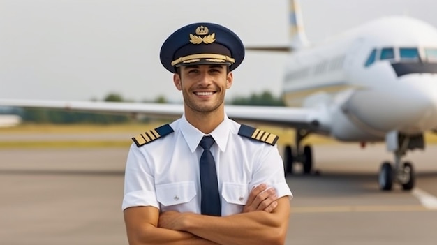 Young man standing at an airfield with an airplane in the backdrop wearing a captain's hat and smiling GENERATE AI