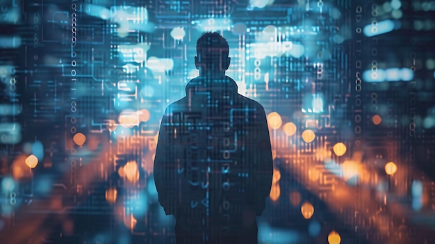 A young man standing in front of a large screen with a futuristic city He is wearing a black hoodie and looking at the screen