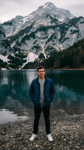 Young man standing in front of Oeschinen Lake near Kandersteg Bernese Oberland Switzerland