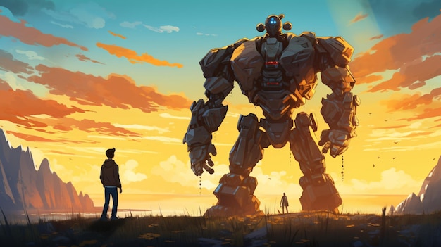 Young man standing and looking at a giant sentinel