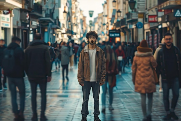 Young Man Standing Still in Crowded Street with People Walking Past