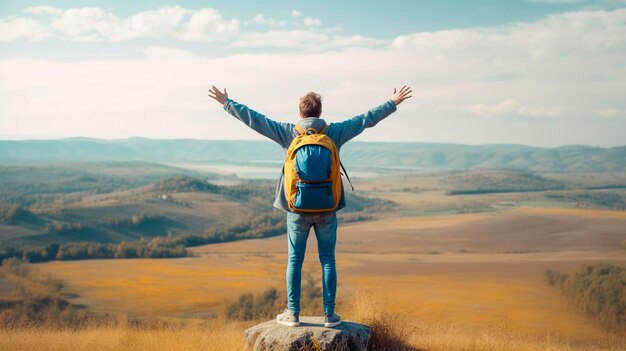 Young man standing on top of hill with hands up with blue backpack Young guy raising hands up in nature Generative AI