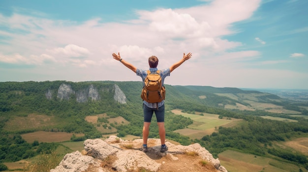 Young man standing on top of hill with hands up with blue backpack Young guy raising hands up in nature Generative AI