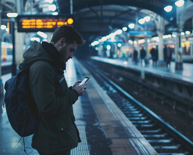 Young man standing on train station platform casualy using mobile phone waiting for train