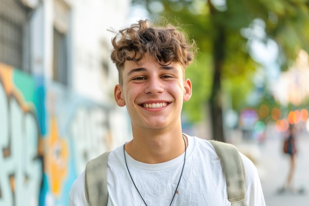 Photo a young man stands in front of a colorful graffiticovered wall