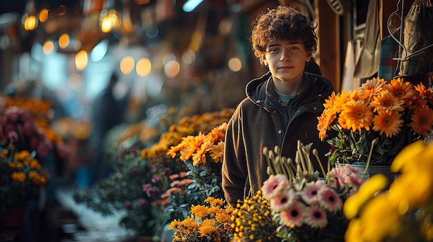 Photo a young man stands in front of a flower shop with a sign saying  hes a boy