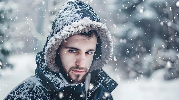 A young man stands in the snow looking directly at the camera